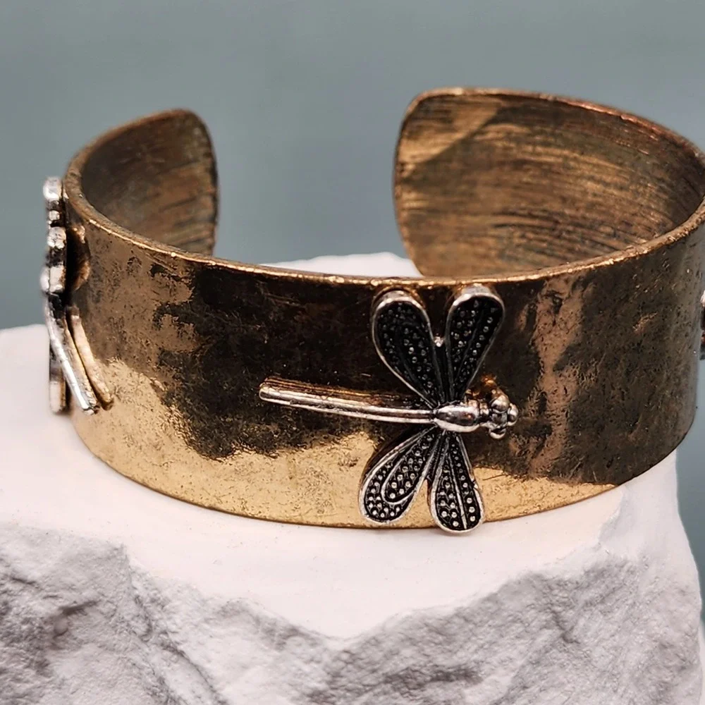 Antiqued Gold Tone Wide Cuff Bracelet Silver Tone Dragonfly Motif Boho Statement